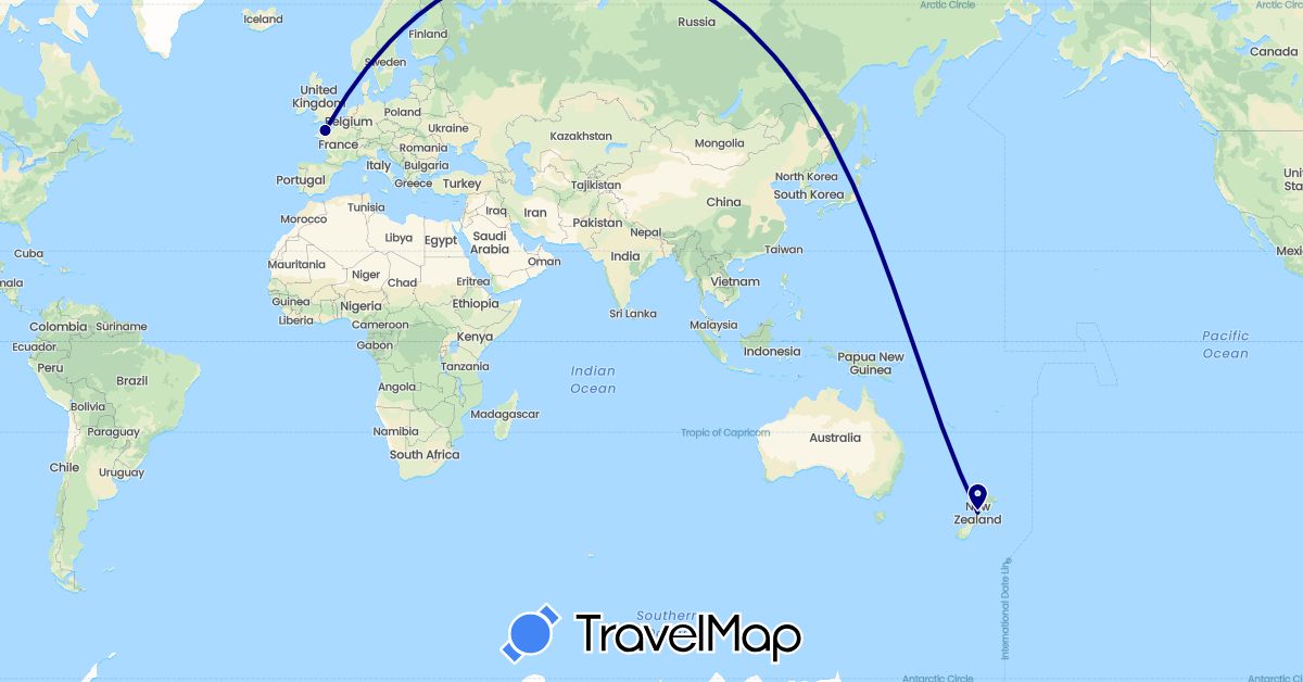 TravelMap itinerary: driving in France, New Zealand (Europe, Oceania)
